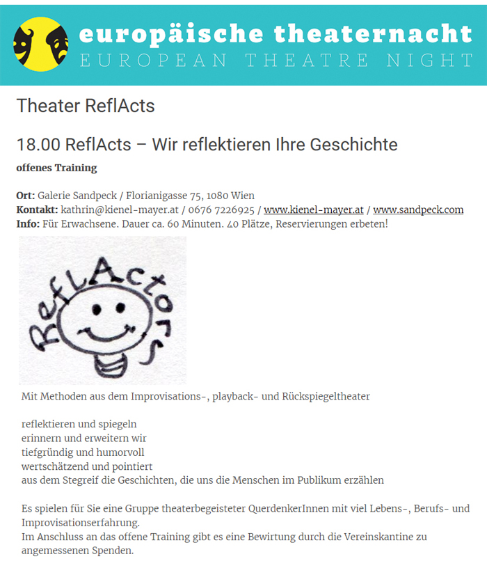 Mietgalerie ReflActs Wir reflektieren Ihre Geschichten Im Rahmen der Europäischen Theaternacht 2016 So ein Theater mit Kathrin Kienel-Mayer Günther Zäuner Die Rache des Rembetiko 
präsentiert Allahs Internet Ein Kokoschansky-Thriller Regine Buchpräsentation Lesung Koth Afzelius Journalistin Kolumnistin Claudia Aigner Tierstaat Rethy Michael Pockberger Ukulelen Bossa Nova Bogen musikalisch Galerie Sandpeck Wien Veranstaltungsprogramm Kulturkalender zeitgenössische österreichische Kunst Kultur Wirtschaft Veranstaltungslokal Pop-up-Store Mietgalerie Florianigasse Josefstädter Straße 1080 kaufen mieten Werkpräsentation Ausstellung GegenwartskunstVernissage bildende gestaltende KünstlerInnen GrafikerInnen FotografInnen KunsthandwerkerInnen angewandten Kunst Gebrauchskunst DesignerInnen ErwachsenenbildnerInnen KursleiterInnen TrainerInnen Menschen Fachwissen Kompetenzen Wissen Können interessierten Menschen AutorInnen LiteratInnen DichterInnen LyrikerInnen SchriftstellerInnen JournalistInnen MusikerInnen AlleinunterhalterInnen Ausstellungsräume Kursräume Seminarraum geschlossene Veranstaltungen Fest privaten Rahmen Übungsraum MusikerInnen Treffpunktregelmäßige Gruppen Trainingsgruppe Kunstwerke Kunstmarkt Kunst mieten Mietkunst Ausstellungszeit Programm Kunstverleihs  Kunstinteressenten Unterstützer KunstsammlerIn Autoren Verlage Vermarktung Marketing Kommunikationsstrategien Presse Öffentlichkeitsarbeit Konzepte Printmedien Onlinemedien künstlerischen Arbeit Ausstellungsorganisation Pressemitteilungen Onlineplattformen gewinnbringender Webseiten Künstlerhompage Künstlerberatung Performances Veranstaltungskalender Kunstkalender  Kunsthandwerksmarkt Weihnachtsmarkt Christkindlmarkt Adventmarkt